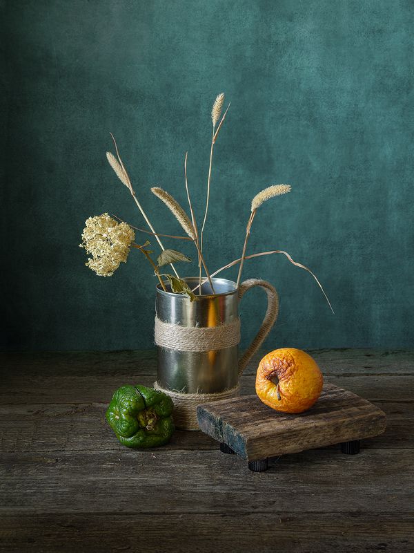 кружка, сухоцветы, яблоко, перец, подставка  фото превью