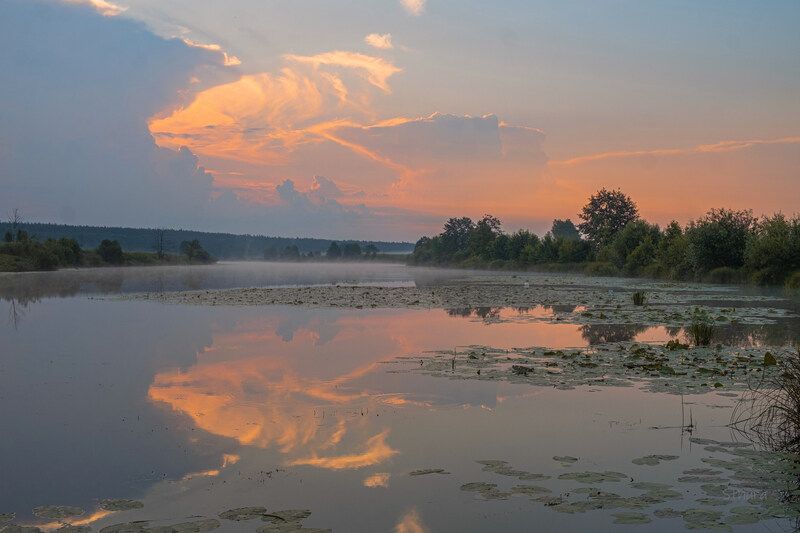 лето озеро рассвет облака отражение природа пейзаж Летнее утро. фото превью