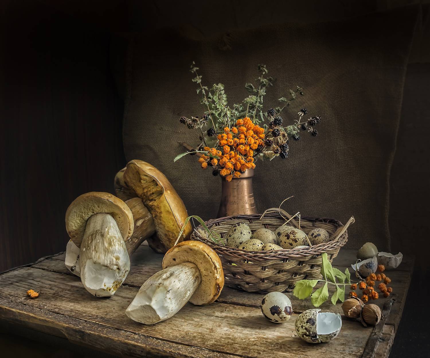 STILL LIFE, EGGS, MUSHROOMS, ORANGE COLOR, TABLE, Milena Ivanova