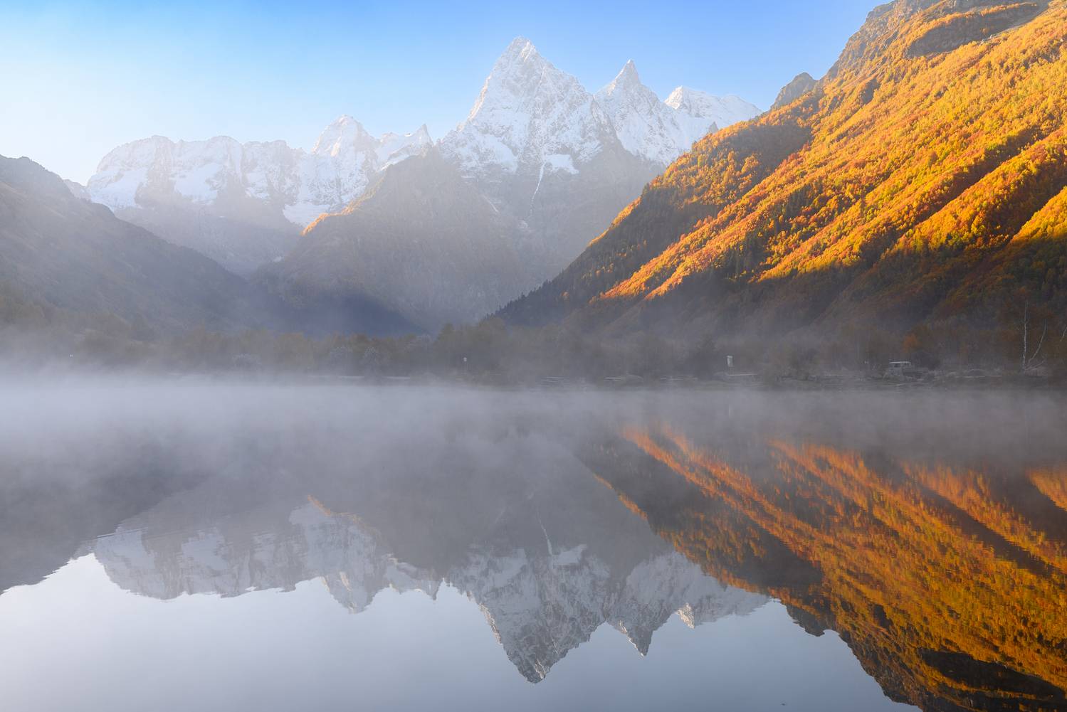 туман, рассвет, озеро, Домбай, Пустынников Михаил