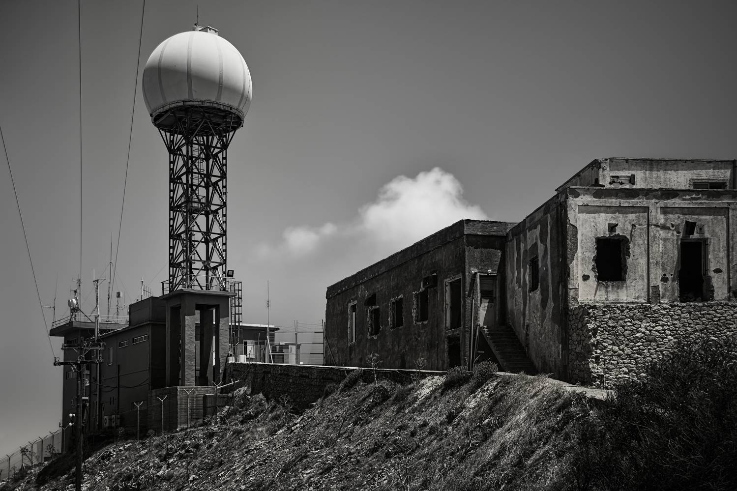 #Monochrome photography #Black #Monochrome #Black and white #Tower #Grey #Dome #Still life photography #radar #mast #military #nato, Shpek Andrey