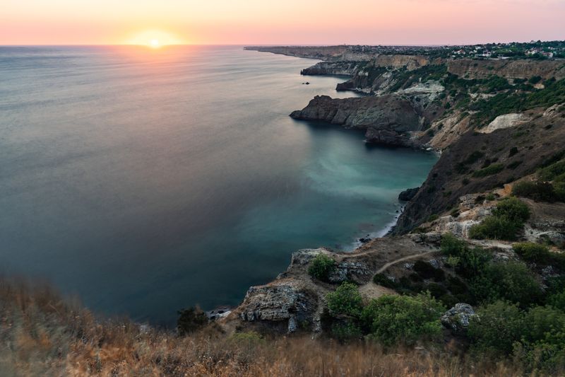 море, закат, длинная выдержка, крым, фиолент, скалы Мыс Фиолент фото превью