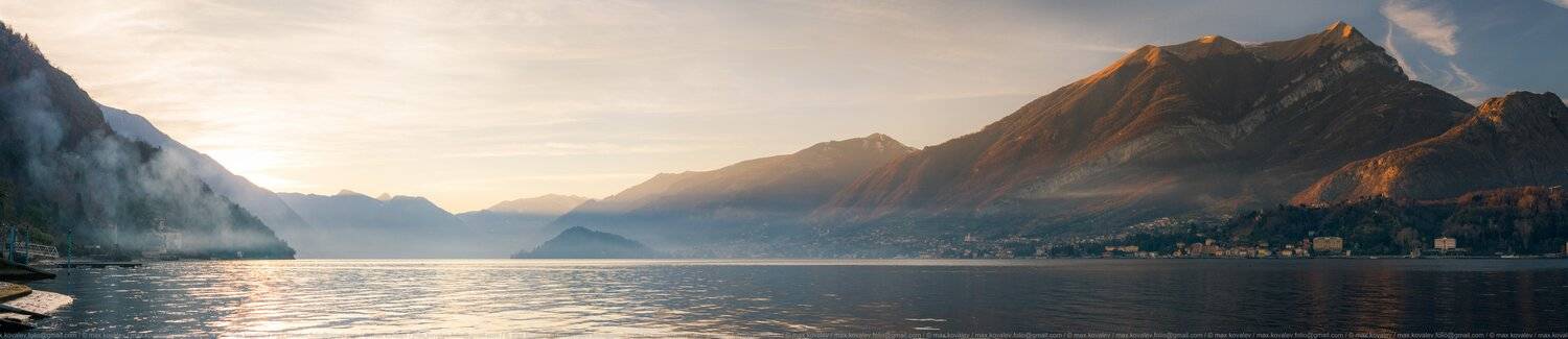 Como, Italy, cloudy, evening, gauze, haze, lake, mountain, panorama, shore, sky, smoke, sun, sunset, water, wharf, Италия, Комо, берег озера, вечер, вода, гора, дым, дымка, закат, небо, облачно, озеро, панорама, пристань, солнце, туман, Максим Ковалёв