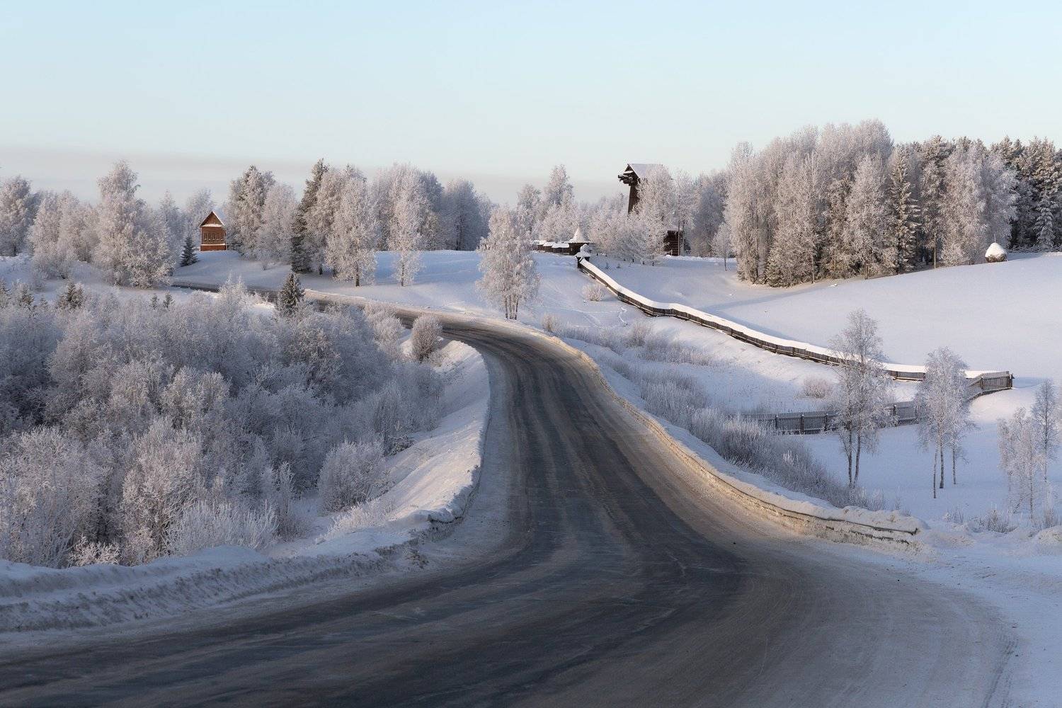 зима, дорога, мороз, иней, деревья, музей, Ра Вера
