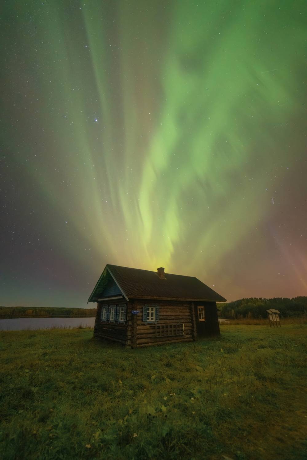 северное, сияние, ночь, звезды, дом, деревня, Третьякова Анастасия