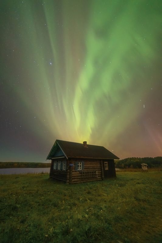 северное, сияние, ночь, звезды, дом, деревня Небесная феерия фото превью