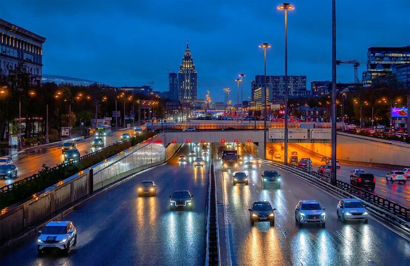 москва, осень, вечер, проспект, дождь Ленинградский проспект. Москва фото превью