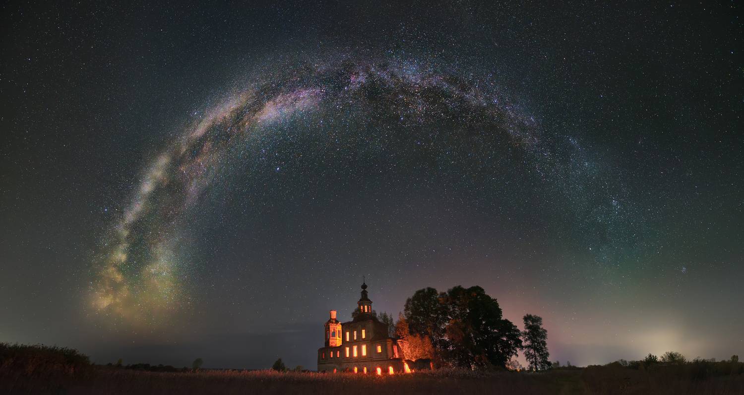 млечный путь, звезды, осень, церковь, архангельская область, Смольский Евгений