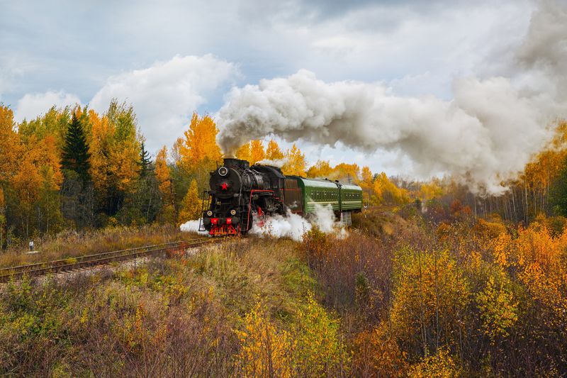 осень, пейзаж, дом, деревья, паровоз Паровоз осенью фото превью