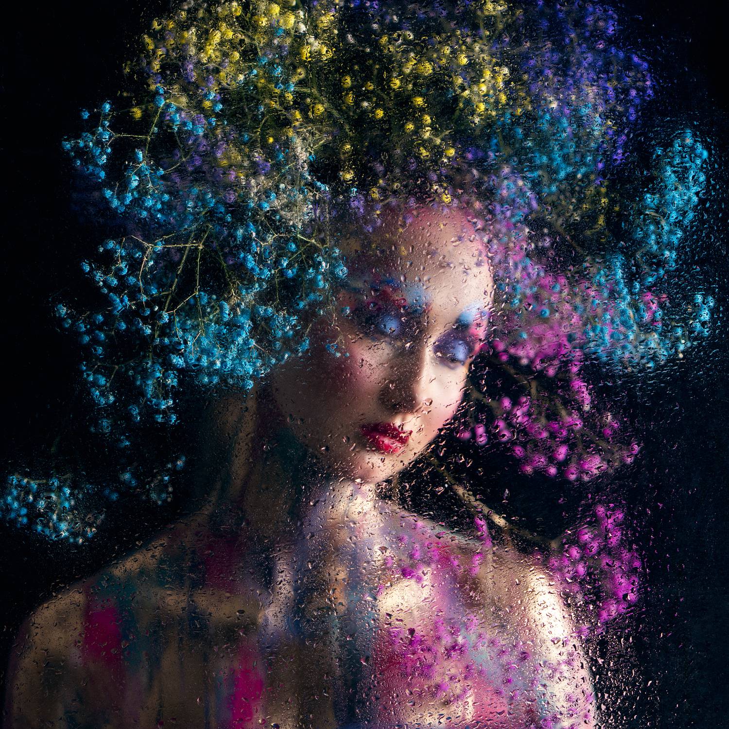 abstract portrait, artistic photography, blooming colors, conceptual art, dreamlike mood, emotional expression, fantasy styling, floral crown, impressionistic style, painterly effect, poetic vision, surreal portrait, symbolic imagery, water droplets, Alex Tsarfin