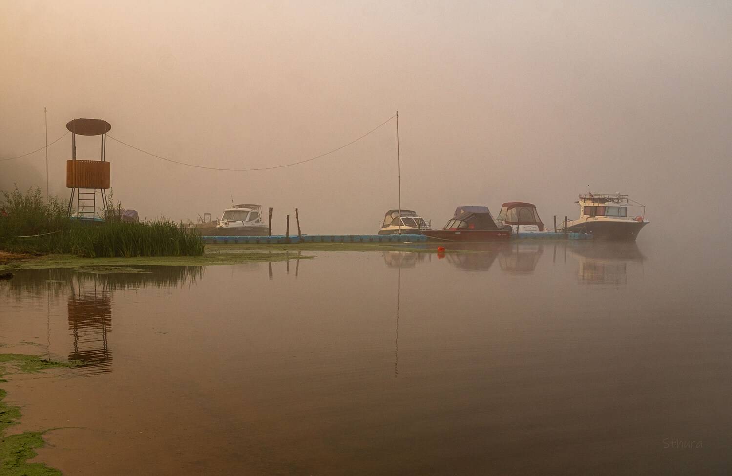 лето утро туман природа река причал катер, Александр Строков