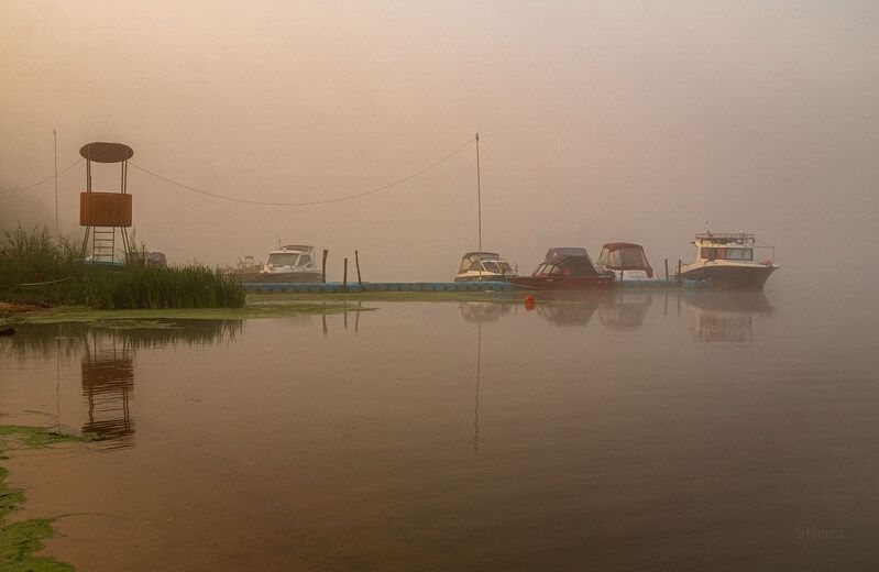 лето утро туман природа река причал катер Причал. фото превью