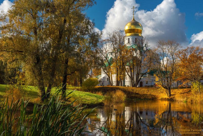 ород, архитектура, город пушкин, городской пейзаж, осенний пейзаж, природа, царское село, фермский парк, собор  феодоровской иконы божией матери, храм, золотая осень, пригороды петербурга Золотая осень в Фермском парке. Собор Феодоровской иконы Божией Матери фото превью