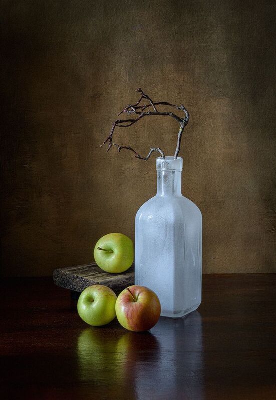 бутылка, яблоки, подставка, ветка, мешковина  фото превью