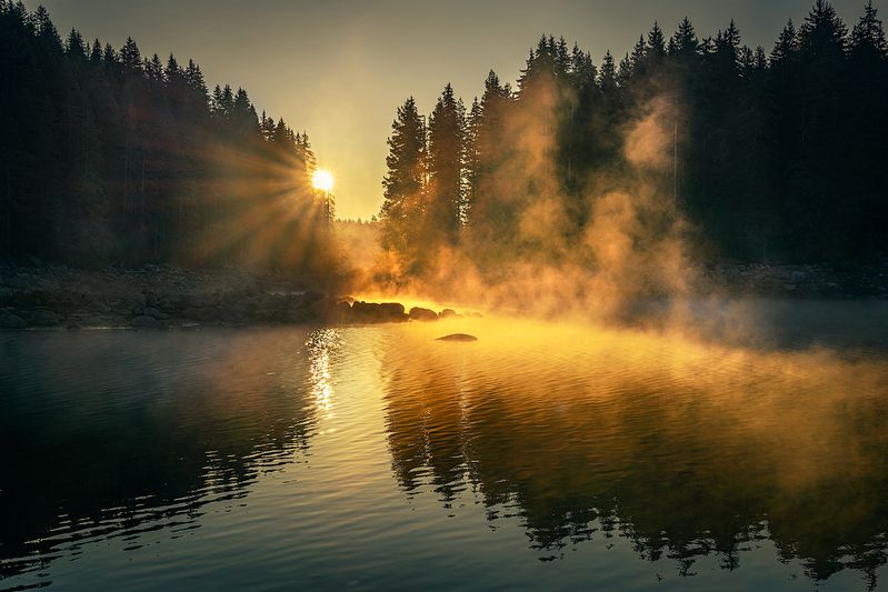 landscape, nature, scenery, summer, sunrise, morning, dawn, lake, reflection, fog, foggy, mist, misty, clouds, mountain, trees, пейзаж, рассвет, горы, озеро When the curtain rises / Когда занавес поднимается фото превью
