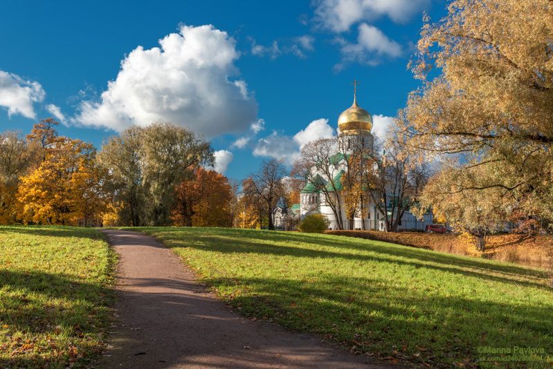 город, архитектура, город пушкин, осенний пейзаж, природа, царское село,  фермский парк,  собор феодоровской иконы божией матери,  храм, золотая осень, пригороды петербурга Осенний Фермский парк. Собор Феодоровской иконы Божией Матери фото превью