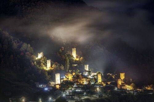 Mestia Towers In Autumn Nigh