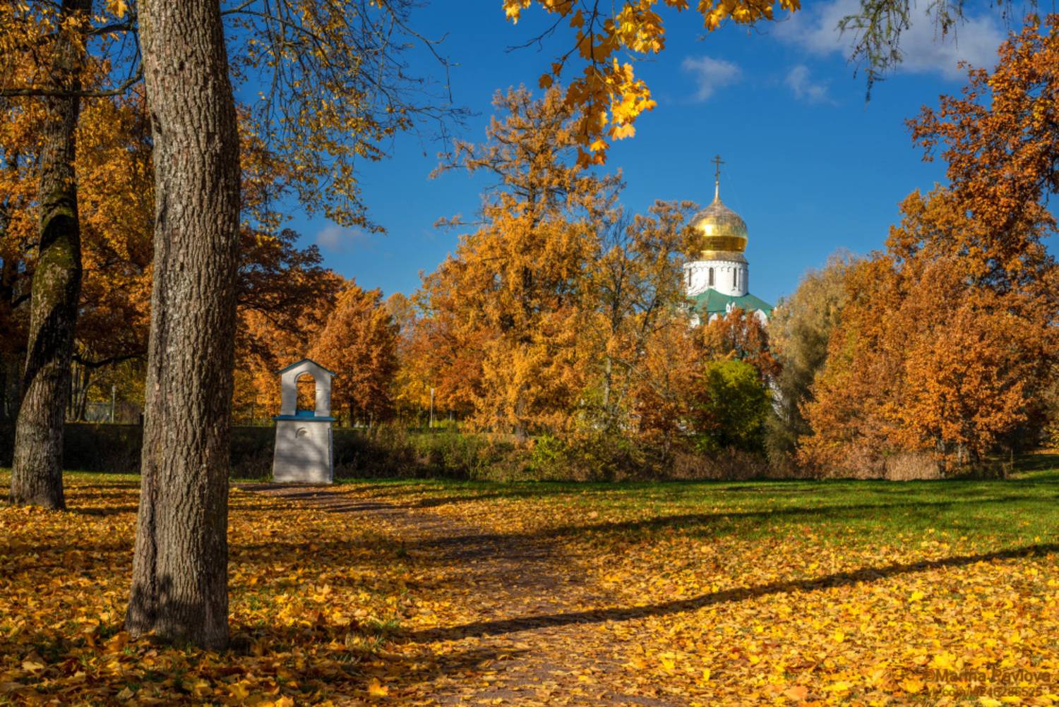 город, архитектура, город пушкин, осенний пейзаж, природа, царское село, фермский парк, пейзаж, фонарь в виде звонницы, собор феодоровской иконы божиейматери, храм, золотая осень, пригороды петербурга, Павлова Марина
