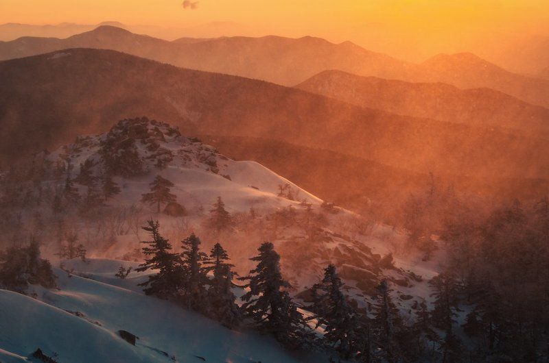 Метель, Пидан, зима, снег, вершина, ёлки, холод, камни, Приморский край Огненный рассвет фото превью