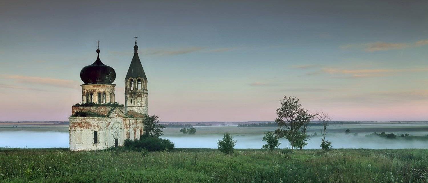 панорама, урочище анненково, храм троицы живоначальной, река пьяна, рассвет, утро, Александр Бархатов