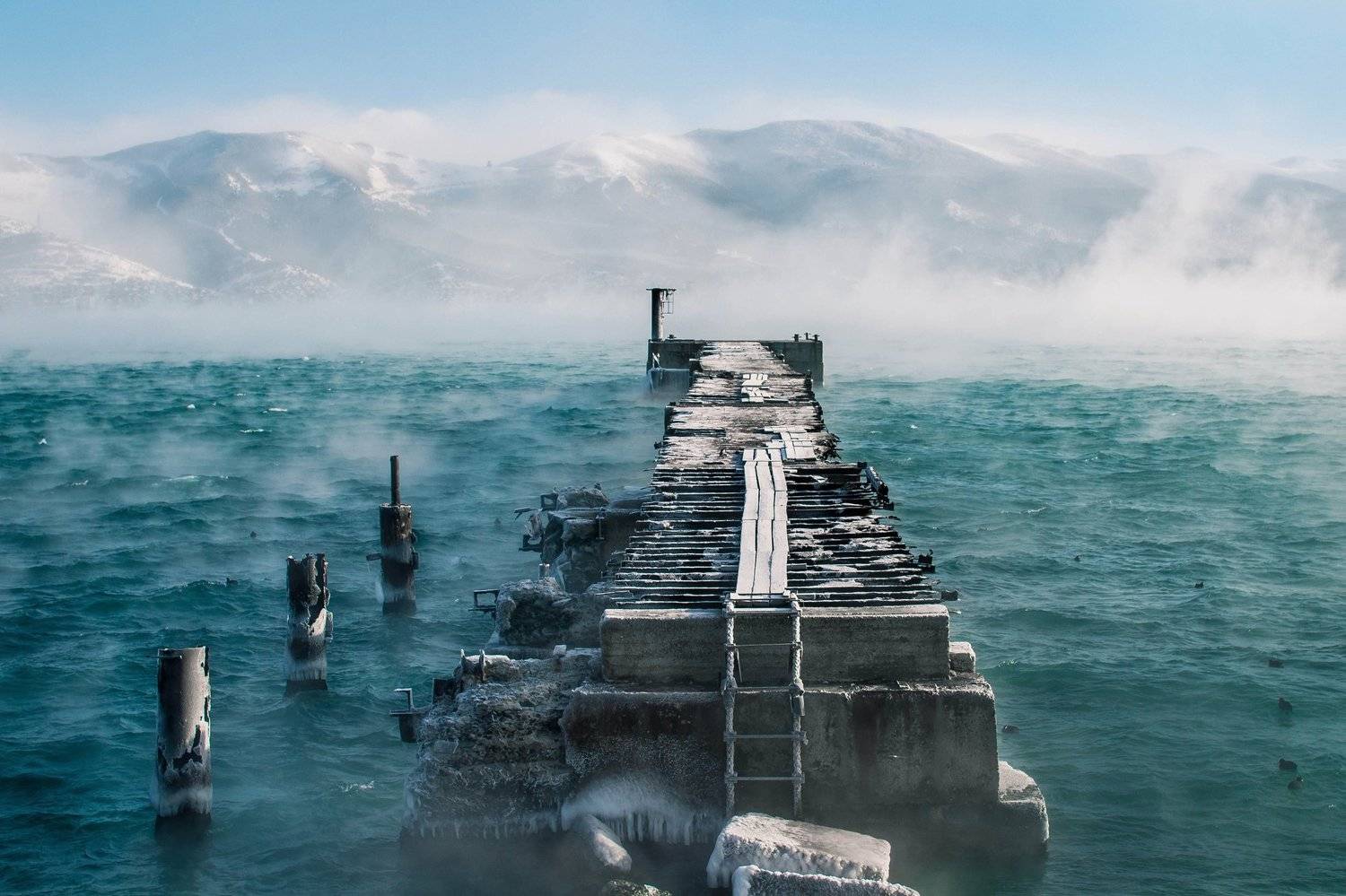 море, мороз, пирс, Скубский Алексей