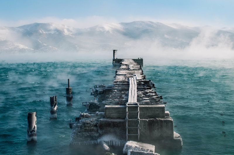 море, мороз, пирс парение моря фото превью