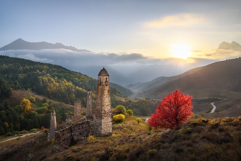 кавказ, горы, ингушетия, пялинг, башня, башни, осень в горах, осень, осенний пейзаж, архитектура, закат Башни на закате фото превью