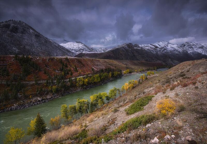 алтай, осень, снег, река, горы, вода, чуя Непогода в горах фото превью