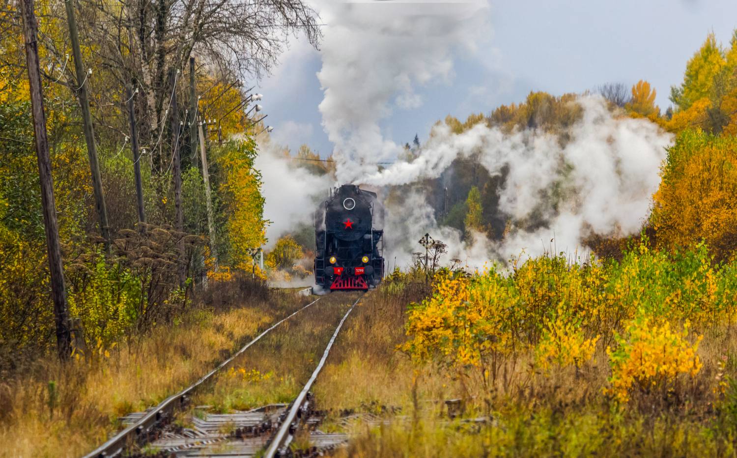 осень, пейзаж, дом, деревья, паровоз, Мурзинов Виктор