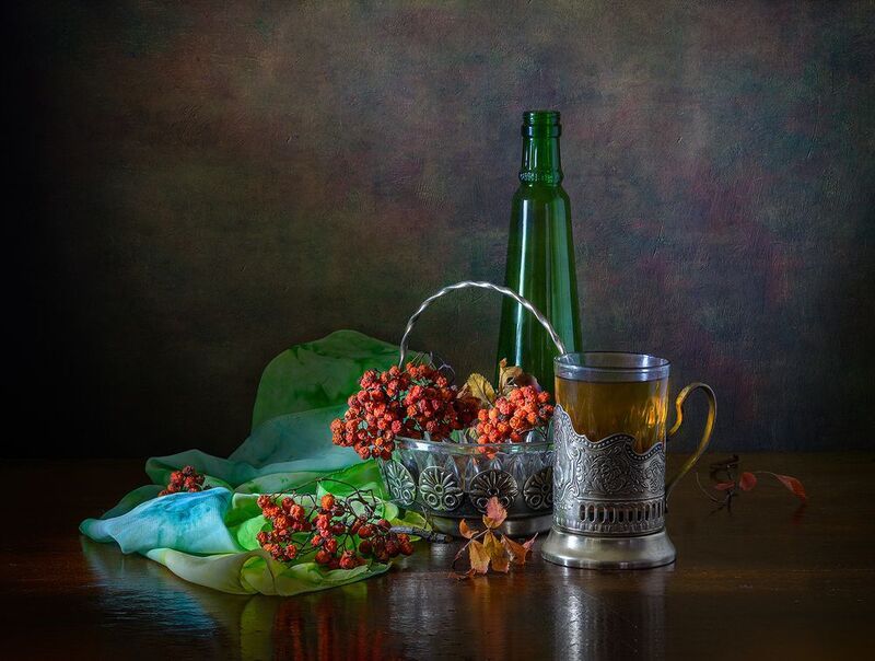 стакан, рябина, подстаканник, чай, бутылка, ваза  фото превью