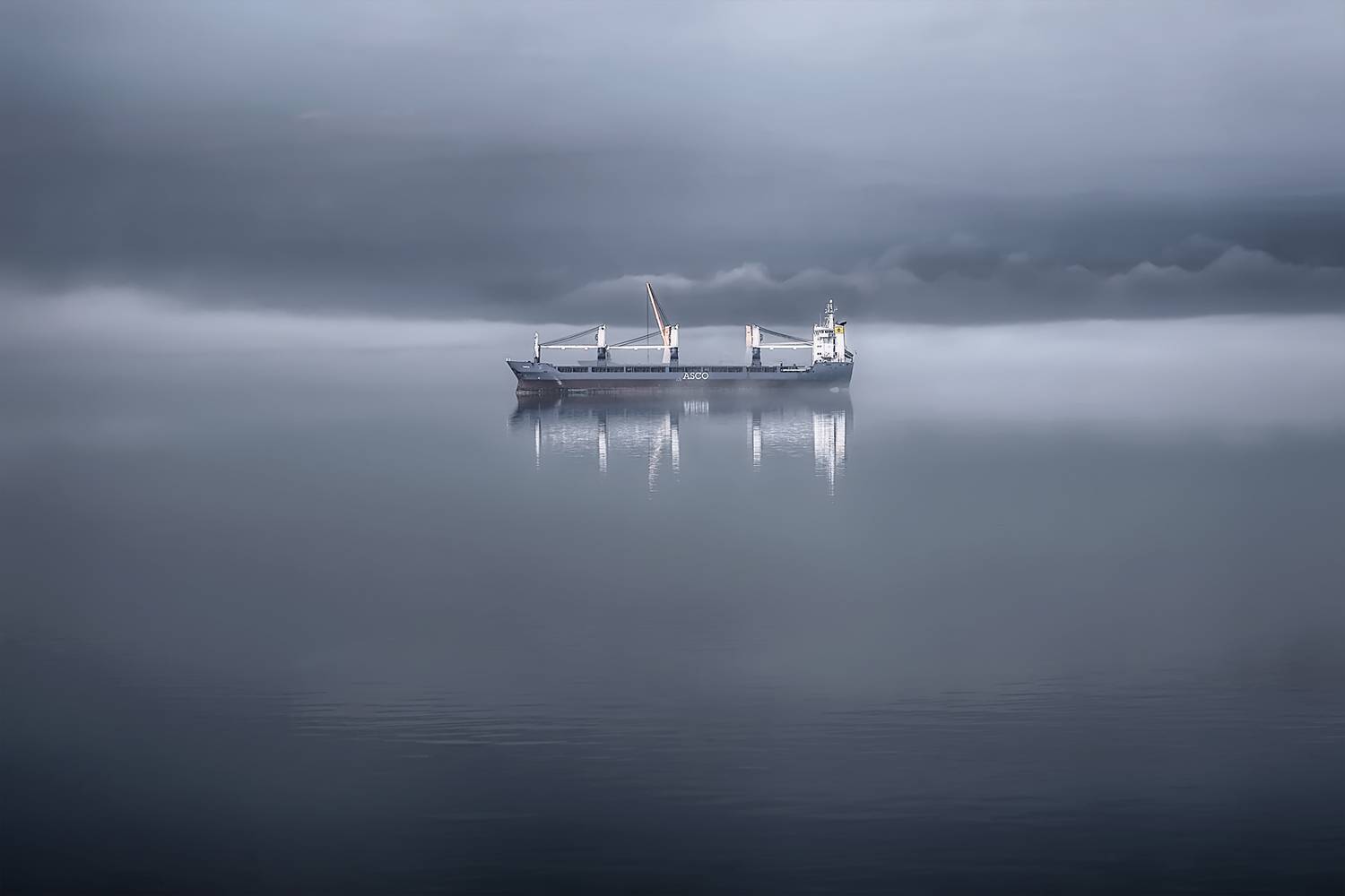 осень, сентябрь, река, туман, корабль, вода, небо, Вера Ра