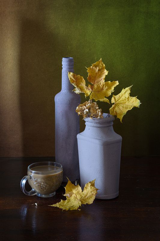листья, бутылка, банка, кофе, чашка, клен, желтый  фото превью