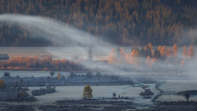 алтай, горный алтай, беляши, джазатор, утро, туман, пейзаж  фото превью
