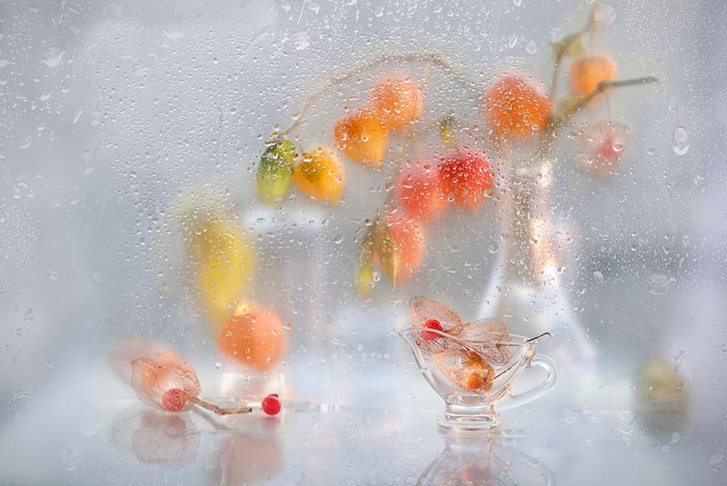 осень, физалис, ваза, капли Яркие фонарики физалиса фото превью