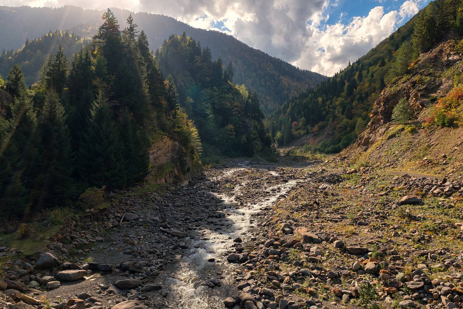 svaneti, devashi, river, fall, autumn, trees, mountains, rocks, sun, clouds, sky, nature, landscape, scenery, travel, outdoors, georgia, sakartvelo, chizh, Чиж Андрей