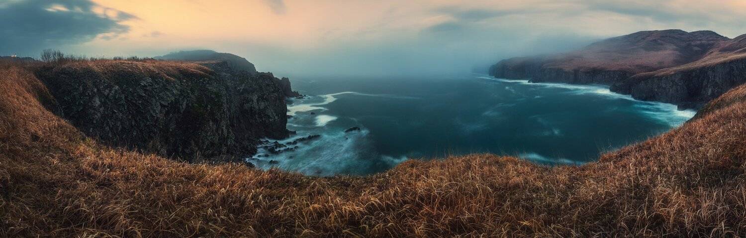 весна, море, небо, панорама, скалы, туман, утро, Андрей Кровлин