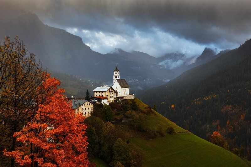 Alps, Church, Clouds, Colors, Dolomites, Dolomiti, Europe, Italy, Landscape, Light, Martin rak, Mountains, Nature, Travel, Trees, Village Rainy Evening фото превью
