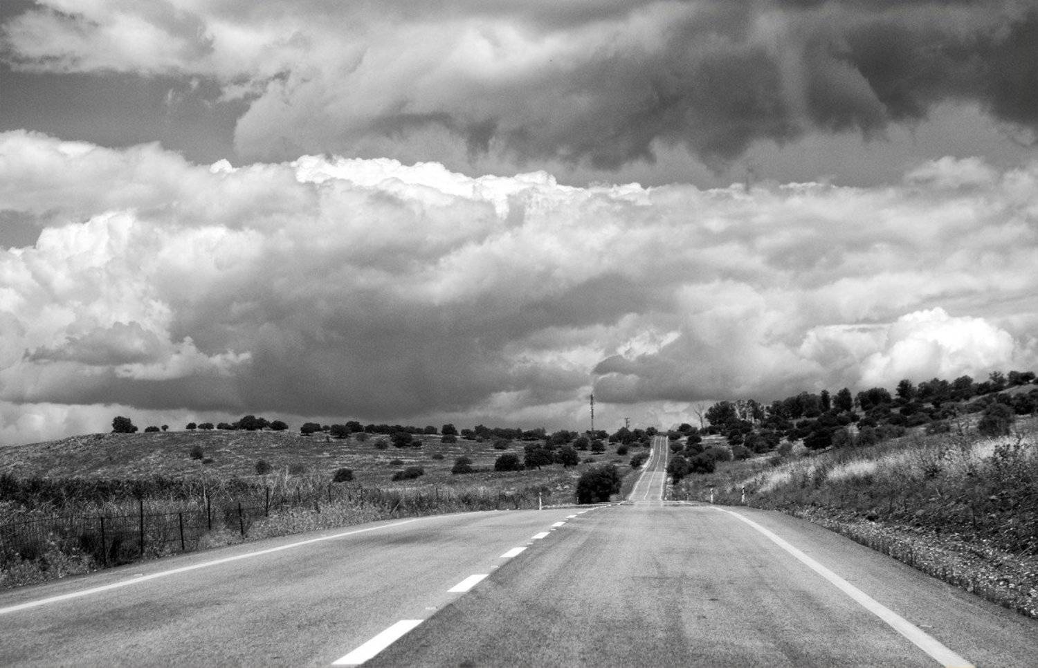 дорога, облака, линии, размышления, чб, valeko