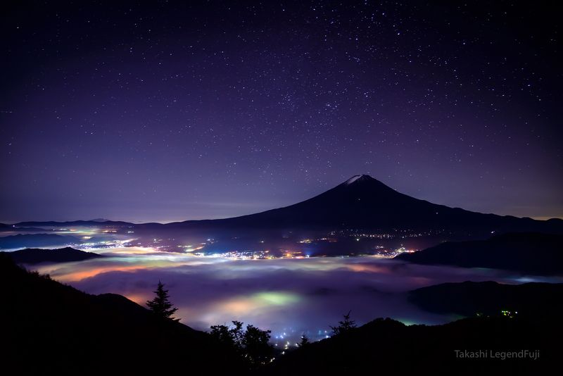 Fuji,mountain,Japan,night,star,sky,cloud,light, Stars on sea of clouds фото превью