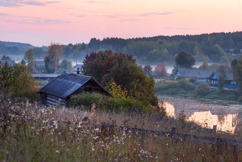 деревня, рассвет, пежма, вельск, река, туман Персиковый рассвет фото превью