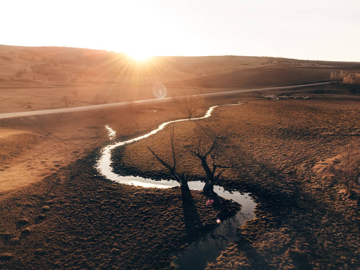 aerial, drone, landscape, sunset, sunrise, golden hour, river, stream, water, winding, curve, mood, atmosphere, epic, wilderness, field, dry grass, hills, road, trees, shadows, light, sun flare, composition, pattern, abstract, best photo, top photo, 35pho, Сухенко Олег