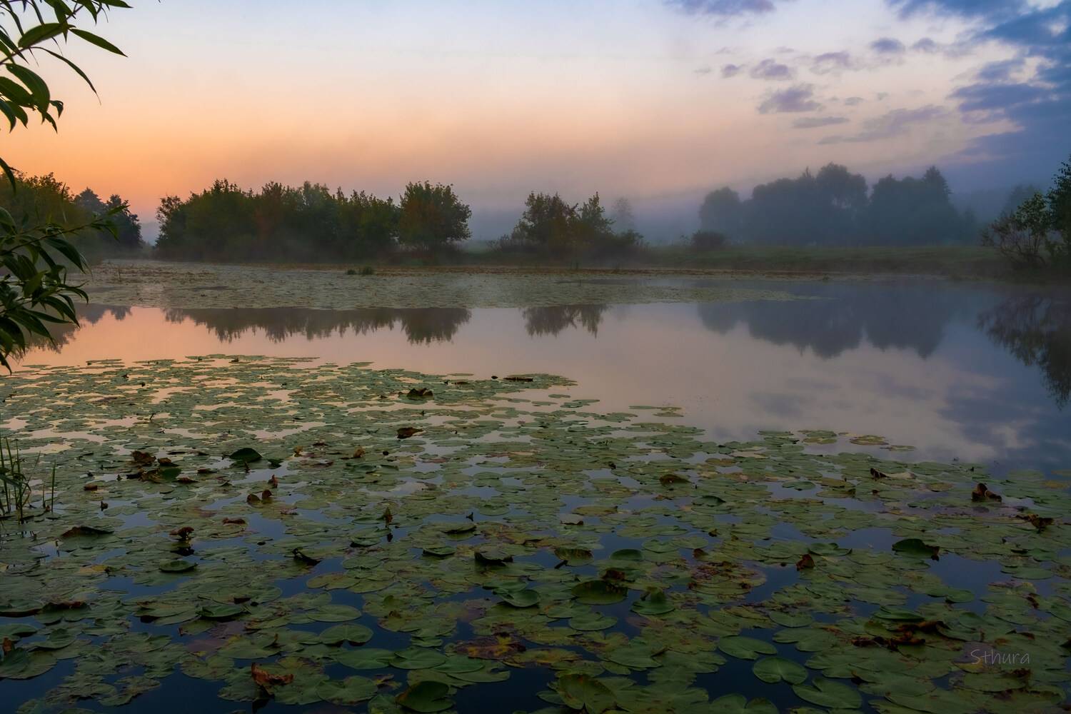 сентябрь утро озеро туман облака природа пейзаж, Александр Строков