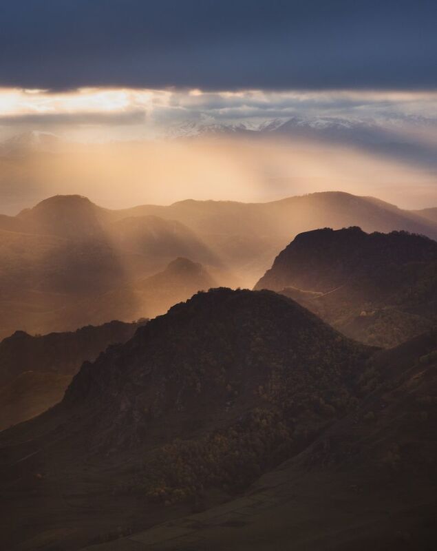 горы, кавказ, закат, осень, золото, солнце, луч, mountains, caucasus, sunset, autumn, golden, sun, sunbeam  фото превью