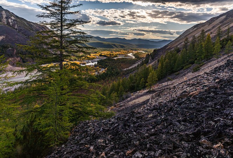 Река Хета, Колыма, горы, сопки, курумник, осень, вечер, тайга Долина реки Хета. Хетские столбы. Колыма фото превью