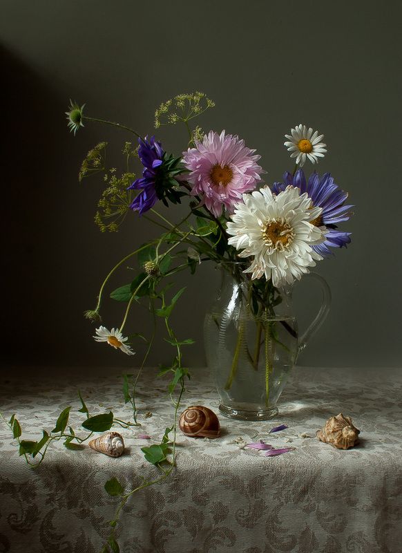 цветы, астры, букет Астры в стеклянном кувшине фото превью