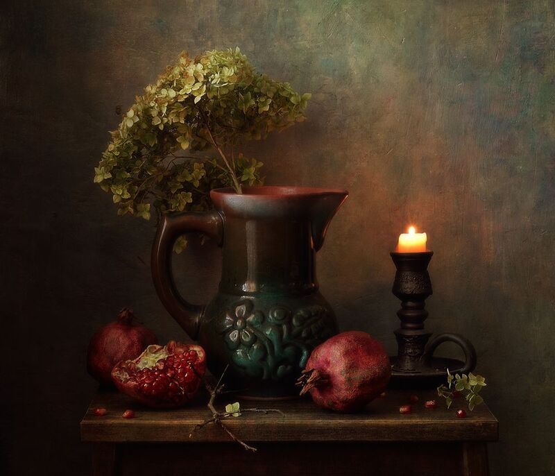 натюрморт,гранат,осень,гортензия,свеча,кувшин с гранатом... фото превью