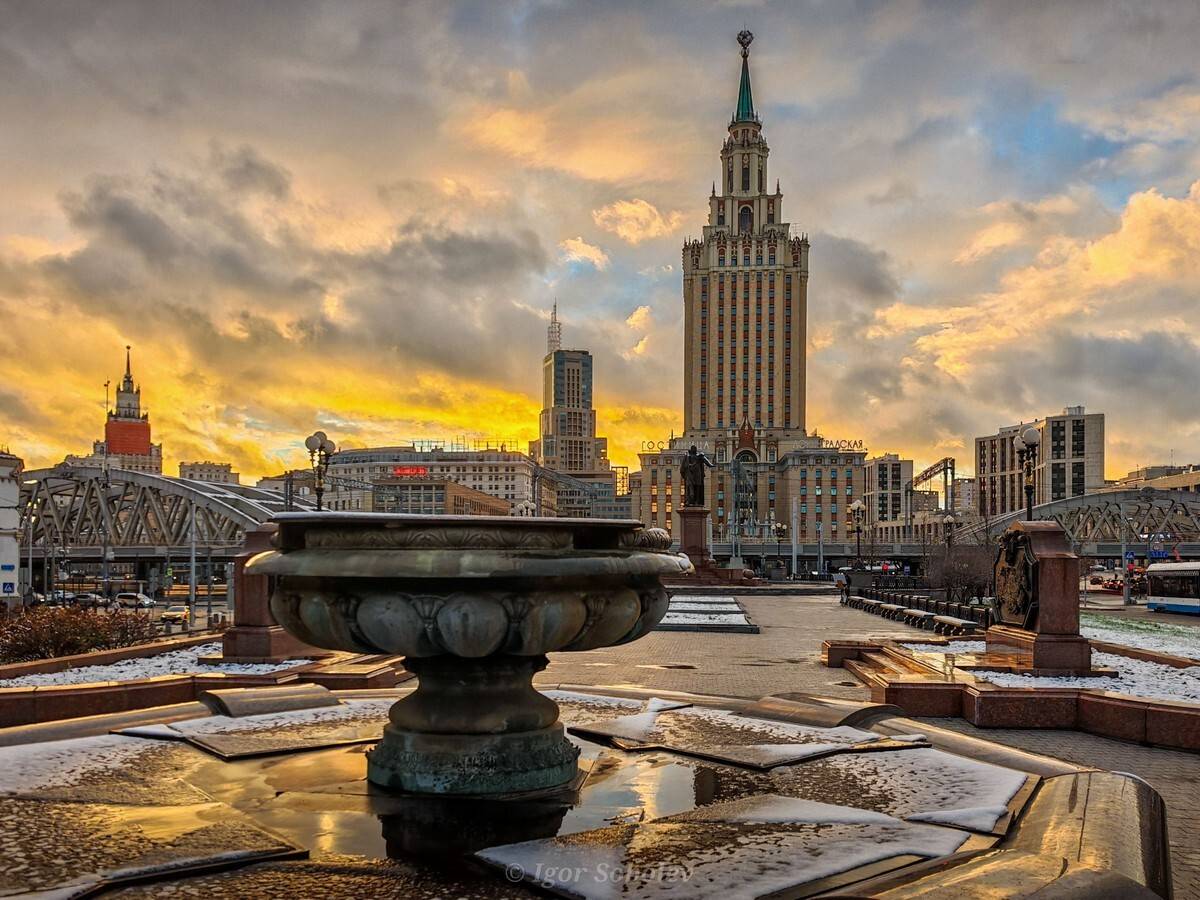 гостиница ленинградская, москва, закат, снег, Игорь Соболев