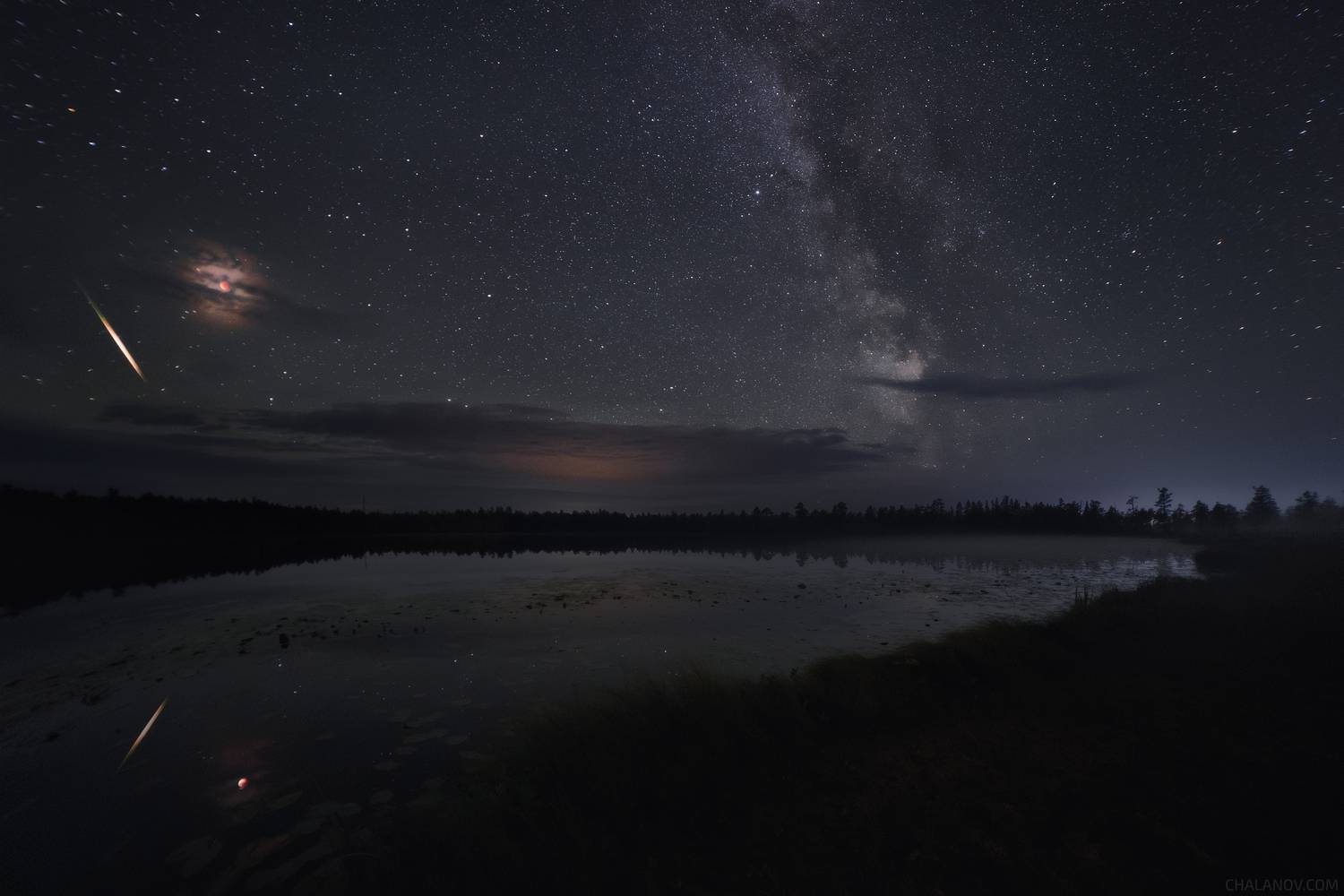 пейзаж, ночь, звезды, затмение, млечный путь, метеор, Иван Чаланов