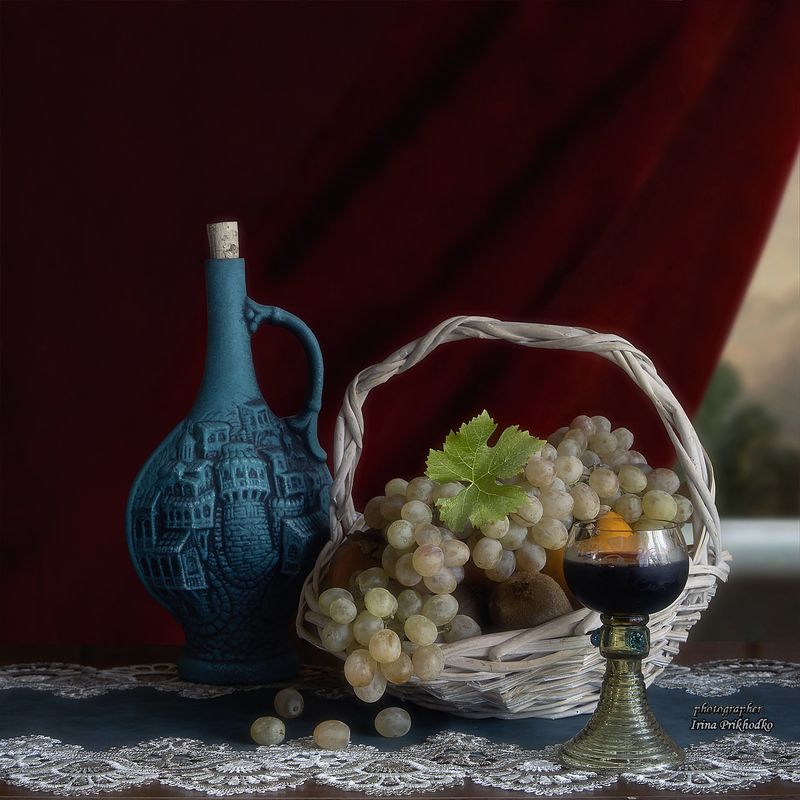 натюрморт, еда, напитки, фрукты, вино Натюрморт с фруктами и вином фото превью