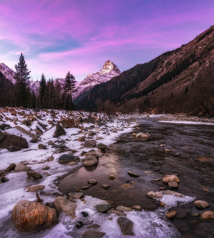 кавказ, горы, карачаево-черкесия, кчр, домбай, теберда, горная река, рассвет в горах, синий час Предрассветные краски неба фото превью